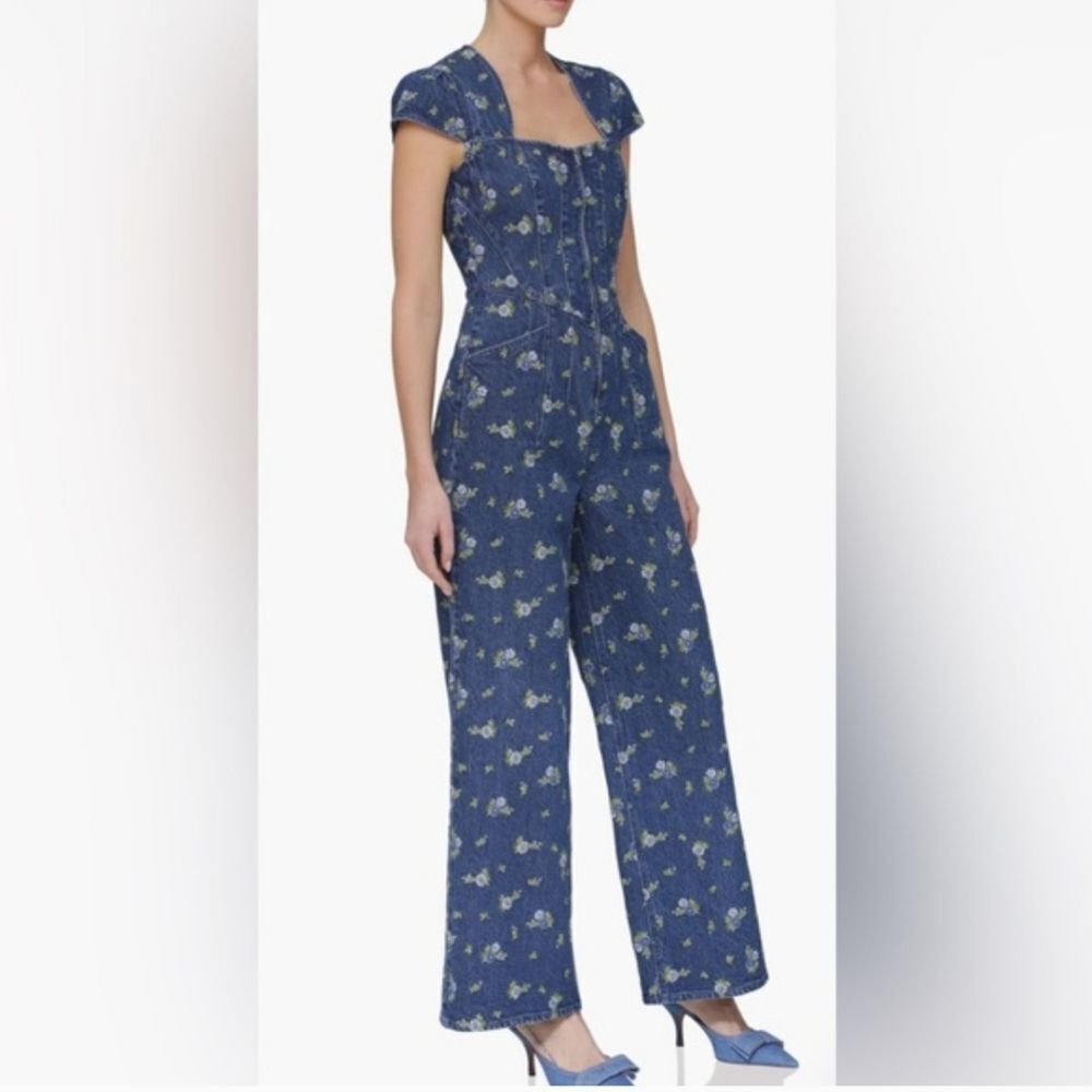 Avec Les Filles Denim Floral Jumpsuit Cap Sleeve Size 0 NWOT